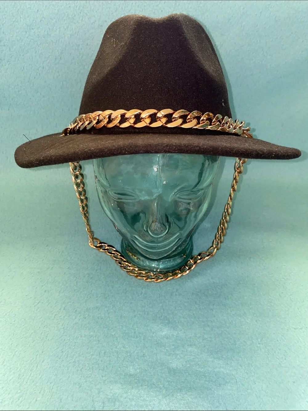 PRETTYLITTLETHING Fedora wide brim gold chain details felt black NEW size OSFA